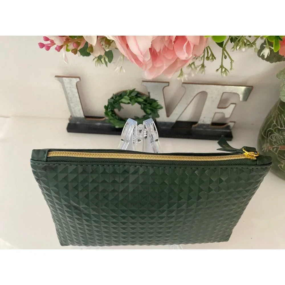Vintage Ipsy Glam Cosmetics Makeup Bag Dark‎ Green Bag Textured Zippered GUC